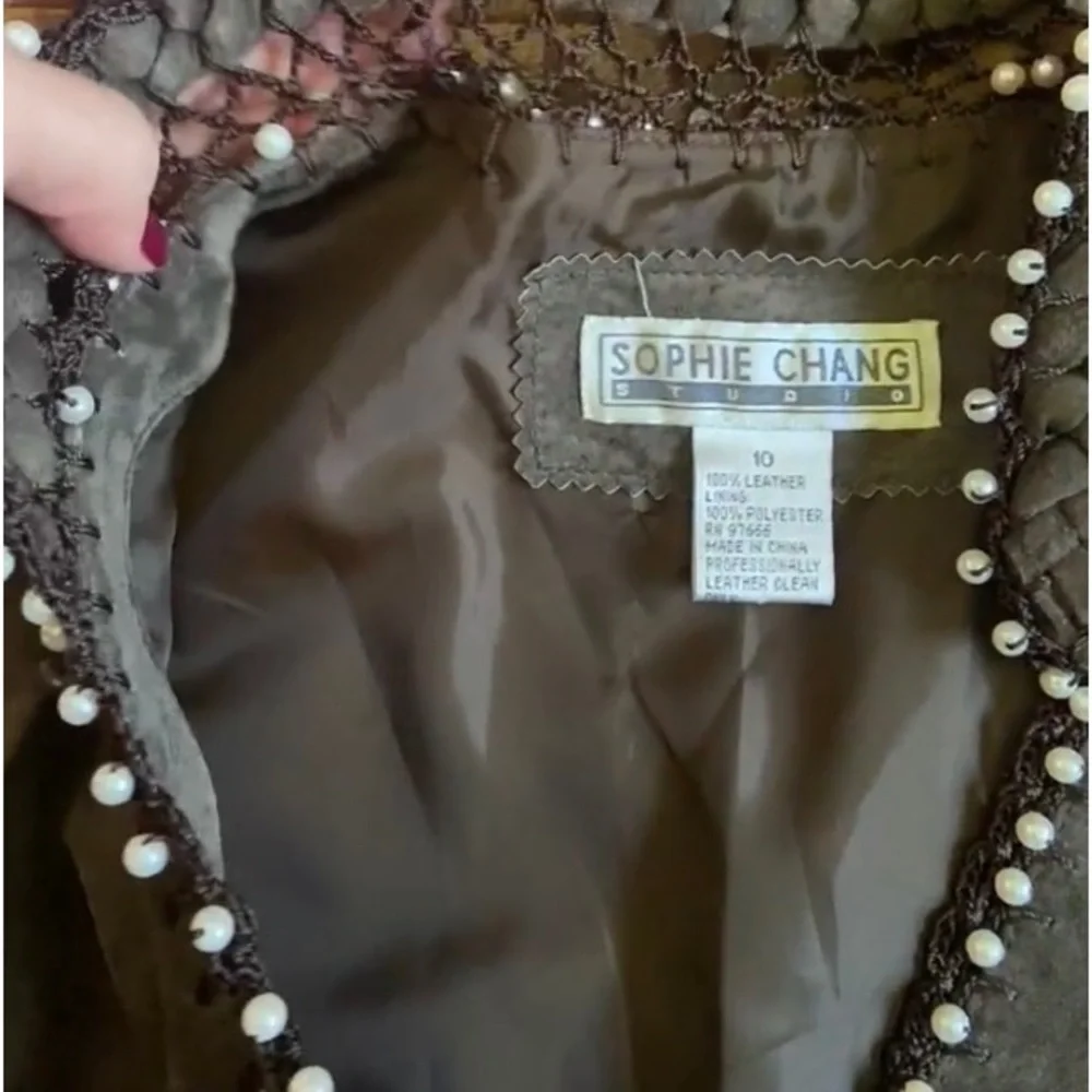 100% SUEDE SOPHIE CHANG Faux Pearl embellished lightweight jacket darkOlive Med - Picture 9 of 15